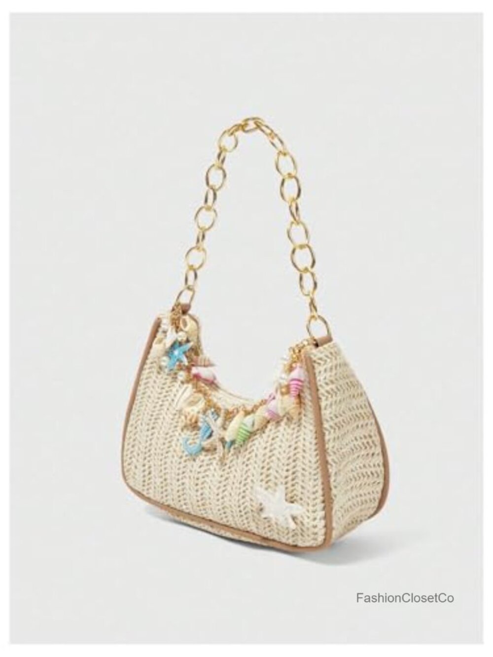 Boho Seashell Starfish Straw Shoulder Handbag with Chain Strap - Picture 4 of 6